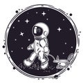 The astronaut is driving a lunar rover. Vector illustration on a theme of astronomy. Round emblem. Royalty Free Stock Photo