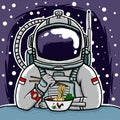 Astronaut eating mie ayam or chicken noodles illustration