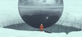 Astronaut on the Edge of a Large Crater UFO Sphere with Glowing White Strip Cold Frozen Winter Snow Landscape Cosmonaut