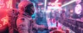 Astronaut Enjoying a Meal in a Futuristic Diner with Neon Lights and Food Delivery Concept