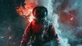 Astronaut enveloped in smoke and galactic backdrop