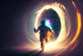 Astronaut is escaping from the void in the space with a warp portal background. Science and Technology concept. Generative AI