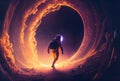 Astronaut is escaping from the void in the space with a warp portal background. Science and Technology concept. Generative AI