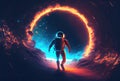 Astronaut is escaping from the void in the space with a warp portal background. Science and Technology concept. Generative AI