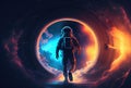 Astronaut is escaping from the void in the space with a warp portal background. Science and Technology concept. Generative AI