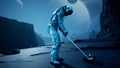 An astronaut explorer is playing Golf on a beautiful alien planet. 3D Rendering. Royalty Free Stock Photo