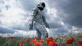 An astronaut-Explorer is walking on a blooming planet. 3D Rendering.