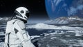 An astronaut-explorer is walking on an uninhabited planet. Animation for fantasy, futuristic or space travel backgrounds