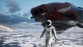 An astronaut-explorer is walking on an uninhabited planet. Animation for fantasy, futuristic or space travel backgrounds