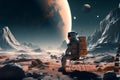 Astronaut explores alien moons surface in captivating planetary illustration