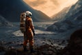 Astronaut explores alien terrain on another planet during space mission