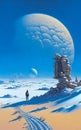 Astronaut explores a planet surface alone, vintage science fiction paperback style art. Generative AI