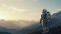 Astronaut exploring an exoplanet. Sci-fi colonist in spacesuit walks on the surface of another planet. People in space Royalty Free Stock Photo