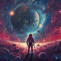 Astronaut exploring fantasy planet, night sky on background. AI Generative
