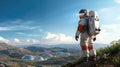 Astronaut exploring future mars colony landscape under clear blue sky