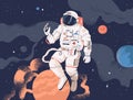 Astronaut exploring outer space. Cosmonaut in spacesuit performing extravehicular activity or spacewalk against stars