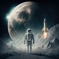 Astronaut exploring with rocket on moon, created using generative ai technology