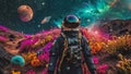 astronaut exploring space of unknown planet, landing on new unknown planet in the abyss of space