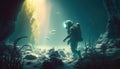 astronaut exploring an underwater alien planet digital art illustration, Generative AI