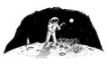 Astronaut Farming on Moon, Mars or Distant Planet, Food Production in Space, Vector Cartoon Stick Figure Illustration