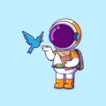 The astronaut is feeding the bird with the crunchy bread