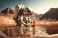 Astronaut filtering water on alien planet. Generative AI