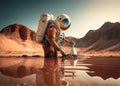 Astronaut filtering water on alien planet. Generative AI