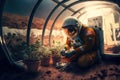 Astronaut filtering water on alien planet. Generative AI