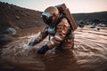 Astronaut filtering water on alien planet. Generative AI