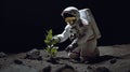 Astronaut finds a plant on the moon and bends down to see it