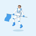 Astronaut with flag floating flat illustration. Male cosmonaut, explorer, traveler flying in zero gravity and waving