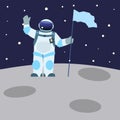 Astronaut with flag. Spaceman on moon. Outer space. Planet discovery. Cosmonaut in spacesuit waving hand. Cosmic