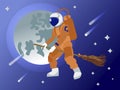 The astronaut flies on a broomstick in outer space. Fantasy. In minimalist style. Cartoon flat vector