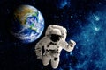 Astronaut flies over the earth in space. Royalty Free Stock Photo