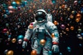 astronaut flies in space among many balloons