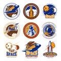 Astronaut flight, aviation, space shuttle and rockets vintage vector labels, logos, badges, emblems