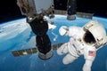 astronaut float in the space in weightlessness working on the spaceship near to planet earth Elements of this image