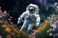 astronaut floating above field of flowers, with the view of distant planets and stars visible in the background