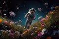 astronaut floating above field of flowers, with the view of distant planets and stars visible in the background