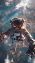 Astronaut Floating Amidst Stars with Earth Below, Hands Outreaching As if Posing for Camera Royalty Free Stock Photo