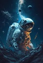 astronaut floating among asteroids touching an asteroid. Ai generative