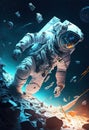 astronaut floating among asteroids touching an asteroid. Ai generative