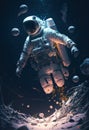astronaut floating among asteroids touching an asteroid. Ai generative