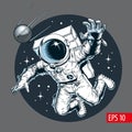 Astronaut floating and catches a satellite in outer space. Comic style vector illustration.