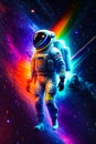 Astronaut floating on colorful space rainbow galaxy. Astronaut journey time Travel Milky way Cosmos Discovery zero gravity.