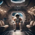 An astronaut floating inside a spacecraft, looking out of the window at the vastness of space1