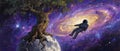 Astronaut Floating Near Tree in Outer Space Royalty Free Stock Photo