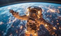 Astronaut floating in space above Earth, arms outstretched, with city lights glimmering on the planets surface, symbolizing Royalty Free Stock Photo