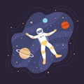 Astronaut floating in space without gravity, mission of spaceman in helmet and spacesuit