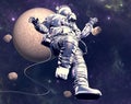 Astronaut floating in space. New worlds and unexplored galaxies. Asteroids and planet